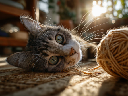 Cute tabby cat lying on the carpet with balls of threadの素材