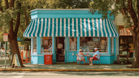 People sitting in front of a coffee shop in Melbourne, Australiaの素材