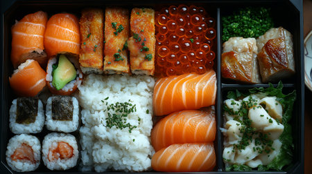 Sushi set in a box, top view. Japanese food.の素材
