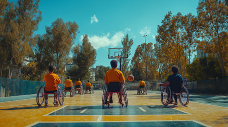 Disabled people in a wheelchair playing basketball on the basketball court.の素材