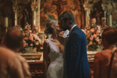 Wedding couple kissing in church. Bride and groom in church.の素材