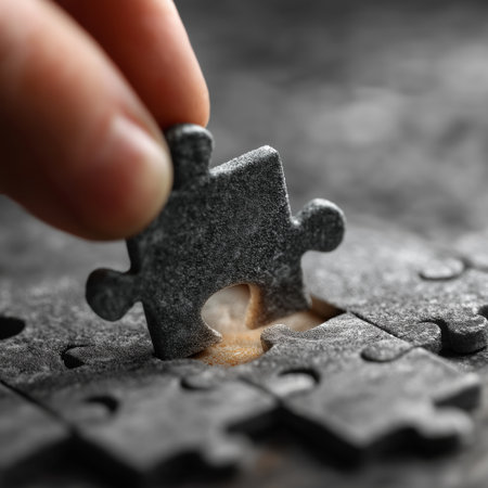 Close up of a person completing a jigsaw puzzle with missing pieceの素材