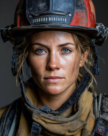 Portrait of a female firefighter wearing a helmet and a uniform.の素材