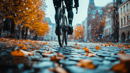 Cyclist riding a bicycle on a cobblestone street in the rain.の素材