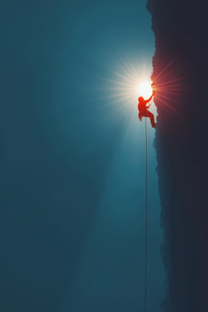 Silhouette of a climber reaching the top of a cliffの素材