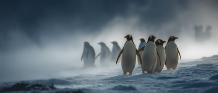 Gentoo penguins on the snow in Antarctica. 3d renderの素材