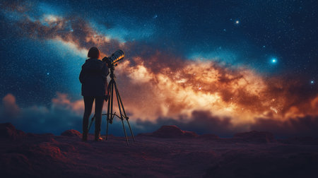Silhouette of photographer with camera on tripod against starry skyの素材