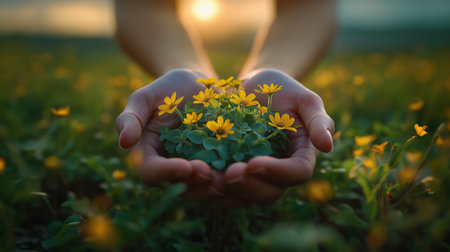 Yellow flowers in the hands of a girl on a background of the setting sunの素材