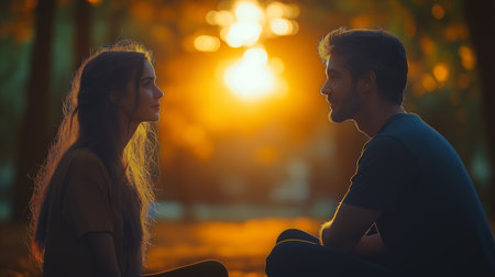 A serene moment between a couple during sunset, capturing love and tranquility in nature.の素材