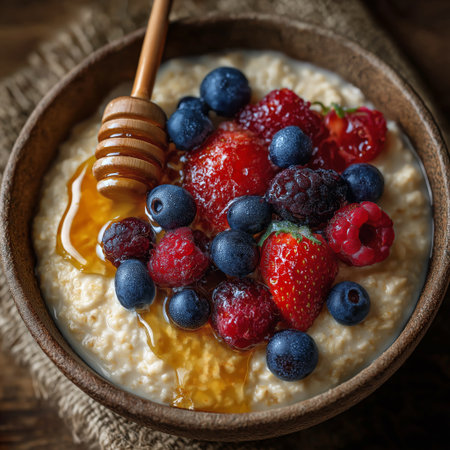 Oatmeal with berries and honey in a bowl on a wooden background.の素材