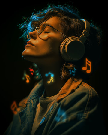 A serene portrait of a woman immersed in music, surrounded by colorful notes, showing the joy of sound.の素材