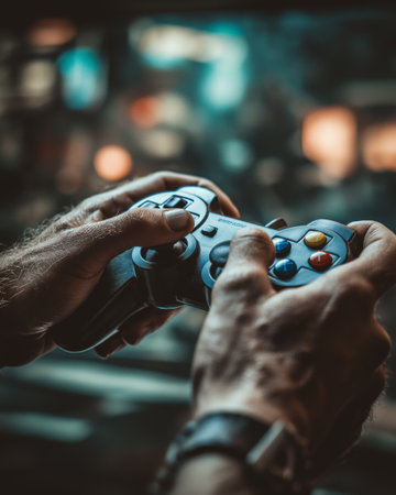 Close-up of a male hands holding a gamepad and playing video gamesの素材
