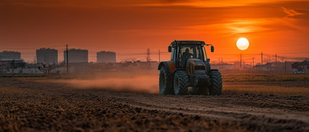 A tractor plows through fields at sunset, casting a serene glow over the landscape and showing rural life.の素材