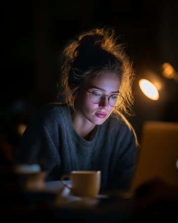 A young woman immersed in work on her laptop, illuminated by warm light, showing dedication and creativity in a cozy environment.の素材