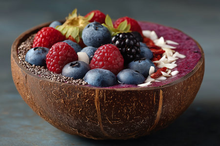 A colorful smoothie bowl topped with fresh berries, nuts, and coconut flakes, perfect for a healthy breakfast.の素材