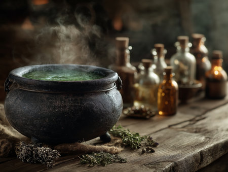 Old cauldron with boiling matcha green tea on a wooden tableの素材