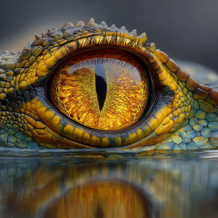 A stunning close-up of a crocodile's eye, showing intricate details and vibrant colors reflecting in the water.の素材