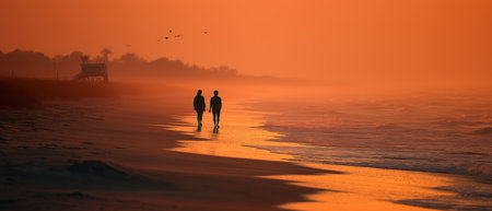 couple walking on a beach at sunset in the morning, silhouetteの素材