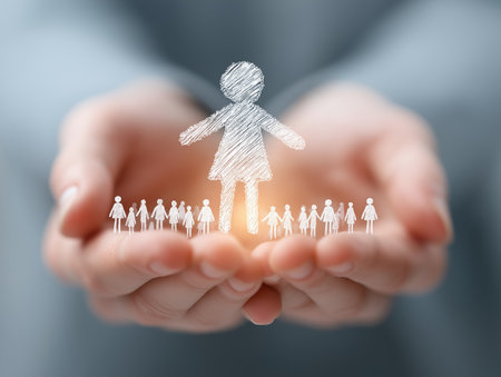 Businessman holding family icon in his hands. Concept of teamwork.の素材