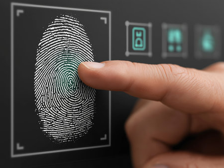 Fingerprint scan provides security access with biometrics identification.の素材