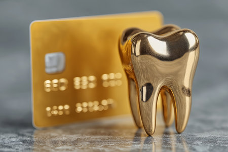 Golden teeth and credit card on a grey background. Dentistry concept.の素材