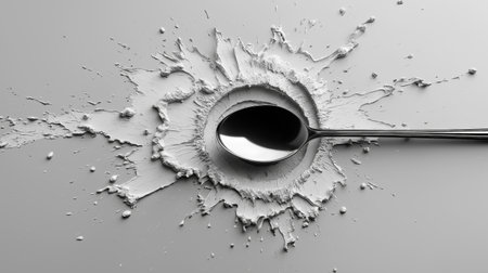 Spoon and a splash of white paint on a gray background.の素材