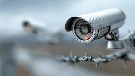 CCTV security camera with barbed wire on blurred background. 3d illustrationの素材
