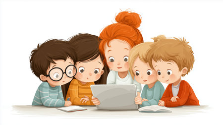 Illustration of a group of kids using a laptop on a white backgroundの素材