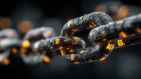 3D rendering of metal chain links with bitcoin symbol on dark backgroundの素材