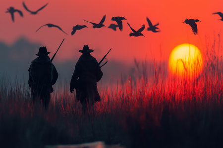 Silhouette of a man in a cowboy hat with a gun on the background of a sunsetの素材