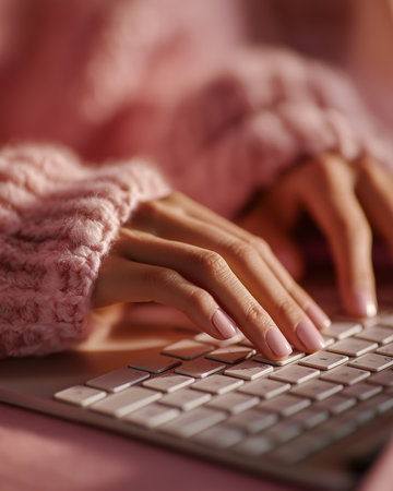 Closeup photo of female hands typing on laptop keyboard. Female hands typing on keyboard.の素材