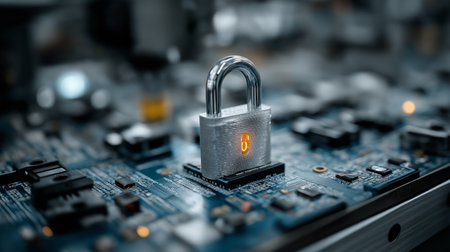 Cyber security concept. Padlock on computer circuit board, close upの素材