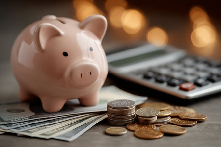 Piggy bank with coins and calculator on wooden table, closeupの素材