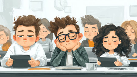 A group of students looks disengaged with tablets in a classroom setting, highlighting the challenges of modern education.の素材