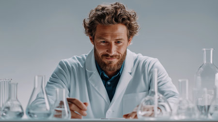 A focused male scientist in a lab coat examines data, surrounded by glassware, embodying research and discovery.の素材