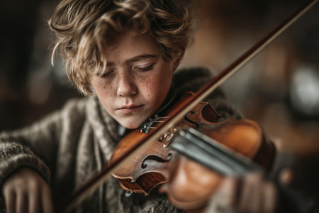 A focused young boy plays the violin, embodying passion and talent. His curly hair and freckled face capture a moment of musical joy.の素材