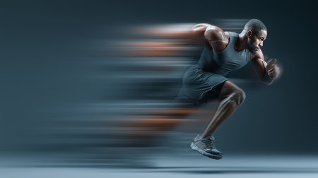 A dynamic capture of an athlete sprinting, showcasing speed and strength with a blurred background effect.の素材
