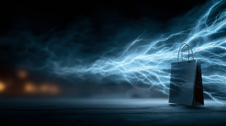Shopping bag with lightning and dark background. 3D rendering.の素材