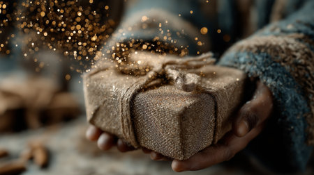 Female hands holding christmas gift box with golden bokeh.の素材