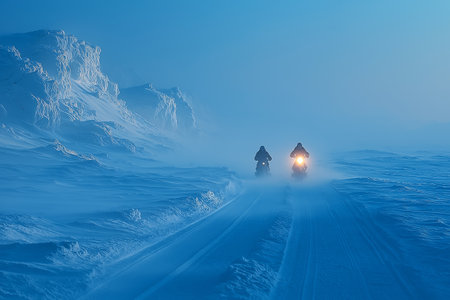 Snowmobile on the road in the winter mountains. 3d renderingの素材