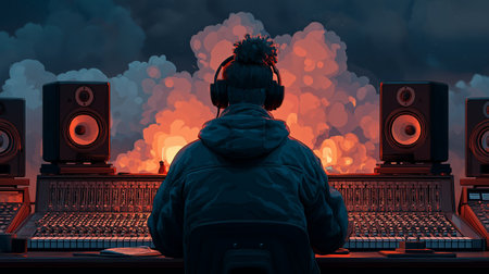 DJ mixing music in a nightclub with smoke and fire in the backgroundの素材