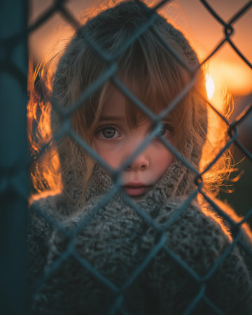 portrait of sad little girl in a cage at sunset, sad childの素材