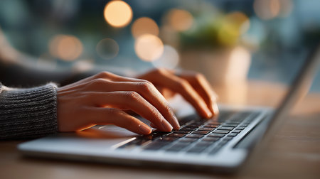 Close-up image of female hands typing on laptop keyboard at cafeの素材
