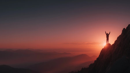 Silhouette of a man standing on top of a mountain and looking at the sunriseの素材