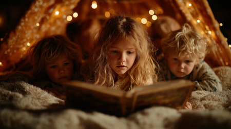 Cute little children reading book in tent at home on Christmas eveの素材