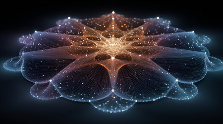 3d rendering of abstract digital technology concept with glowing particles on dark backgroundの素材