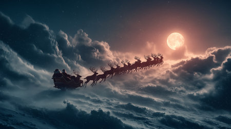 Santa Claus flying in his sleigh with reindeers. 3d renderの素材