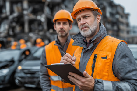 portrait of mature engineer in orange helmet and reflective vest writing on clipboard near carの素材