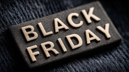 Black Friday text on a black wooden background. Black Friday concept.の素材