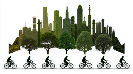 Ecology concept with green city and cyclist silhouettes on white backgroundの素材